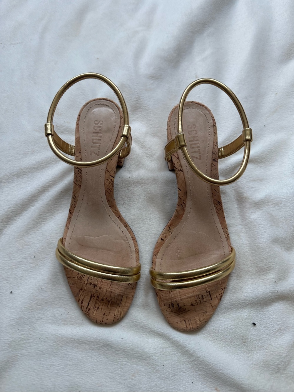 Schutz Gimenez gold strap cork sandals